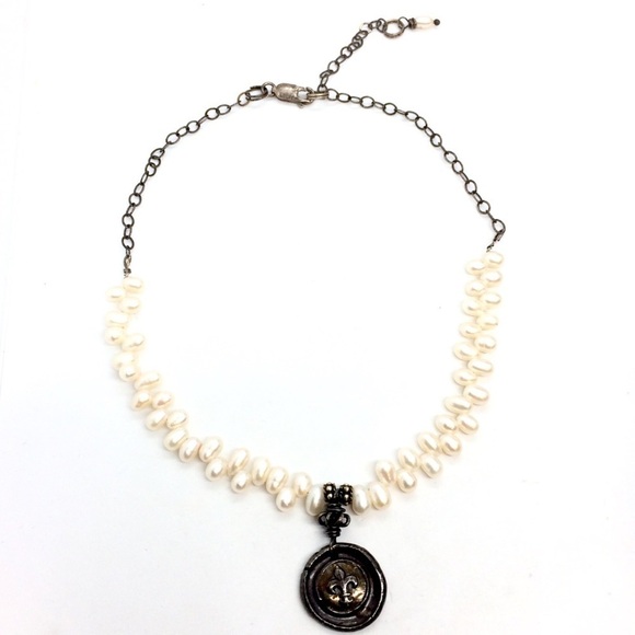 FLEUR DE LIS NECKLACE RICE PEARLS OXIDIZED 925 STERLING SILVER CHAIN PENDANT - Picture 12 of 12